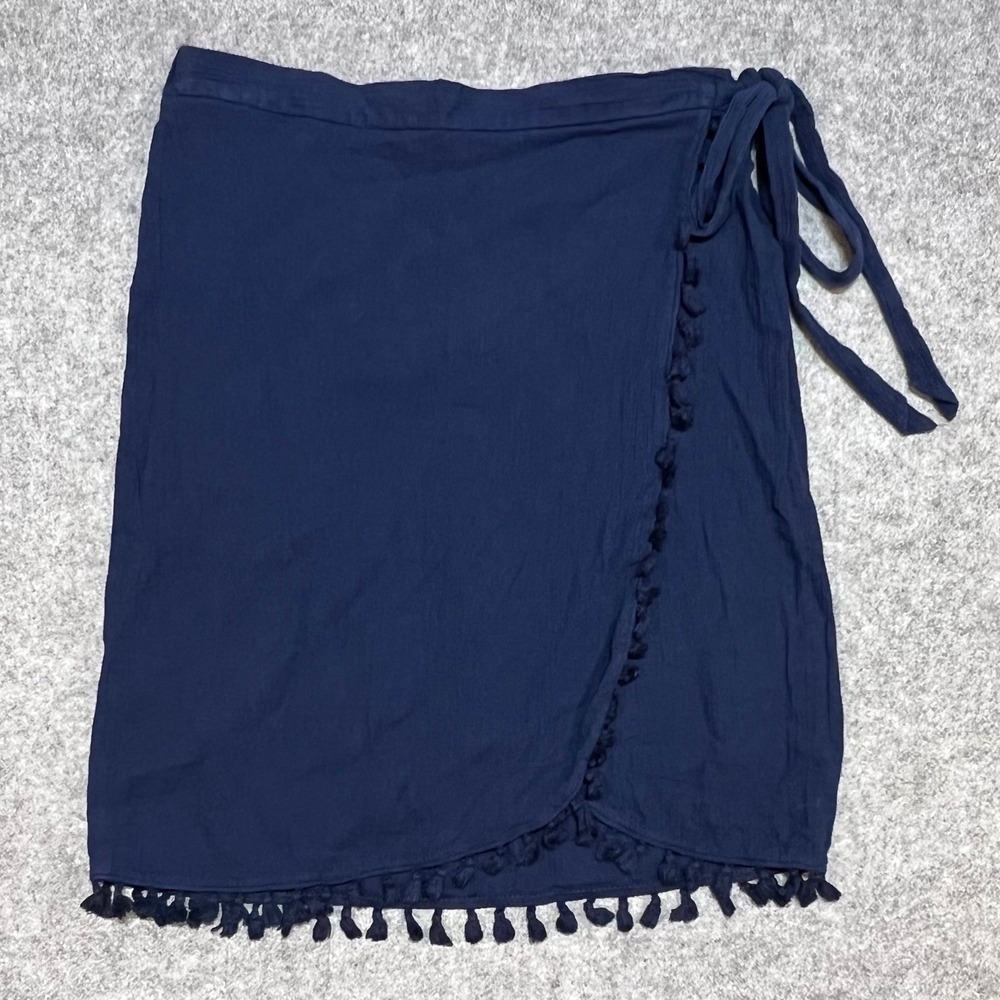 JCrew Navy Blue Cotton Gauze Pom Pom Trim Wrap Skirt Womens Medium - Picture 2 of 7